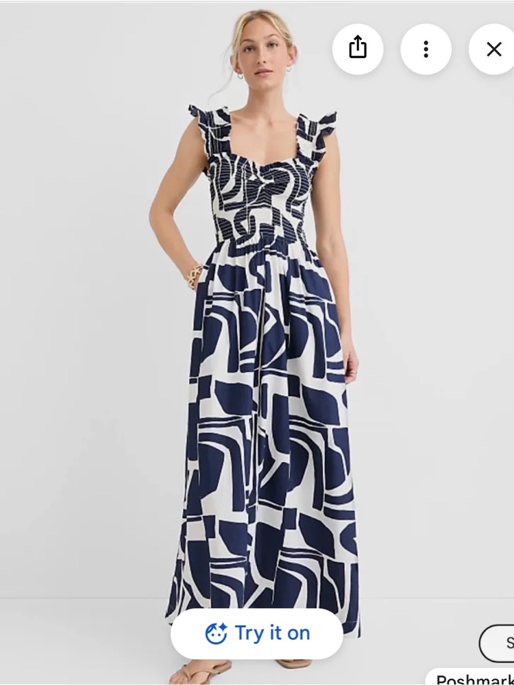 LOFT Navy and White Smocked Ruffle-Strap Maxi Dress